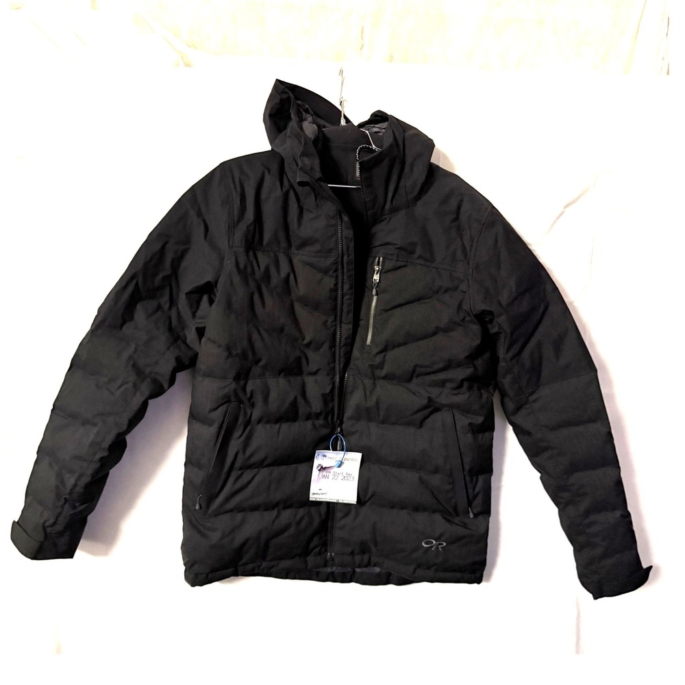 Outdoor Research Duck Down Puffer Jacket Black Full Zip Hooded Mens Medium